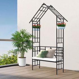 Metal Garden Arch with Bench Turned into Flower Stand W58.07*H97.24 Climbing Plants Support Rose Arch Outdoor Black (Color: BLACK)
